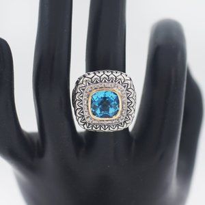 STER 925 18k Diamond and Blue Topaz Cushion Ring